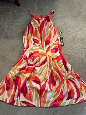Vince Camuto Multicolor Halter Midi Dress - Pink, Orange & Cream Print